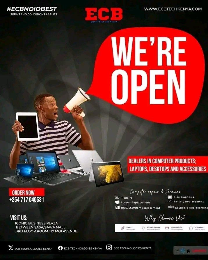 Good morning, we will be Open today.
Visit us to purchase quality tech products or for replacement and bios diagnosis.

📍 Iconic Business Plaza 3rd floor Room T12 
📞0717040531 / Ecbtechkenya.com