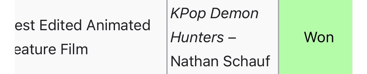 xJustinxs's tweet photo. Kpop demon hunters has Won!#ACEEDDIES best edited animation feature film congratulations to Nathan Schauf and the Kpop demon hunters team π https://t.co/taFx6BAj7z