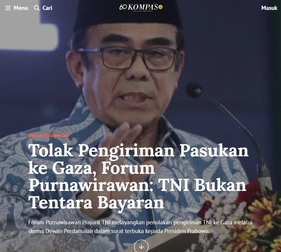 Interesting: A group of Indonesian Military retirees, which includes former four-star officers, openly rejects the plan to send Indonesian soldiers to Gaza under the ISF. They argued (among other things) that deployment outside a UN mandate violates military honour, could be