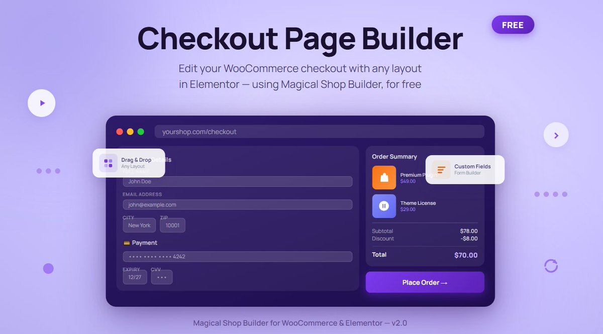 nnalam50's tweet photo. Default WooCommerce checkout = boring + high cart abandonment 😬  Magical Shop Builder = custom checkout layouts in Elementor, for FREE ✅  🔧 Drag &amp; drop any widget 🎨 Any layout you want 💰 Zero cost  Your store. Your rules.  #WordPress #WooCommerce #Elementor #CheckoutPage https://t.co/e6QkU9XADT