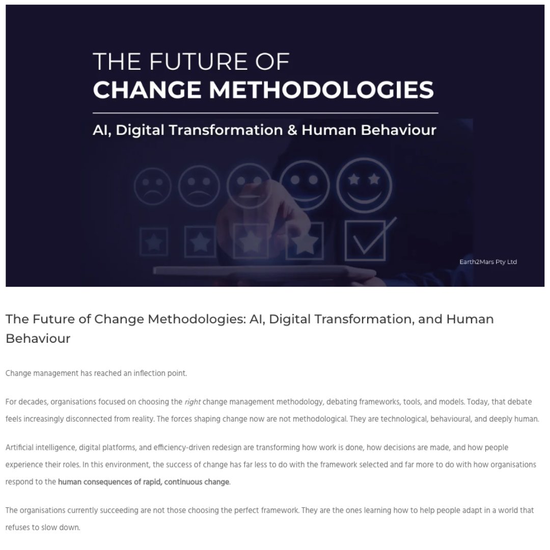 _earth2mars's tweet photo. Change management has reached an inflection point.

For years, organisations debated which framework to use.
#Prosci. #ADKAR. #Kotter. #Agile. Hybrid models etc.

But change management has shifted.

Read WHY in our latest article:
https://t.co/vpBobx6wCI https://t.co/LElFNGl0mE