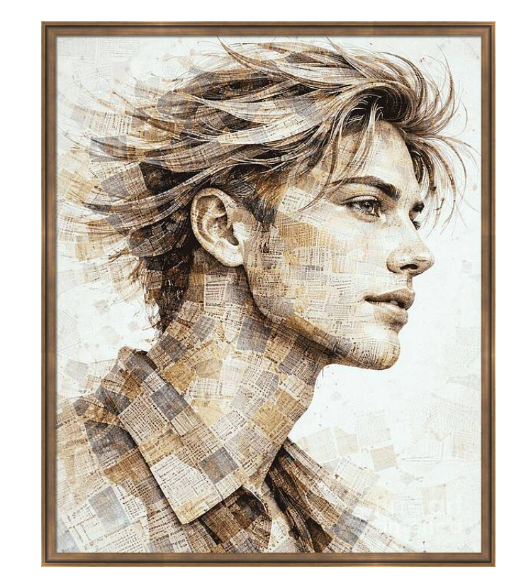 A new piece exploring identity through texture, motion, and quiet intensity — a contemplative profile built from layered fragments and soft neutral tones.  Art that invites you to pause, look closer, and feel the story beneath the surface. Available in different sizes and media —