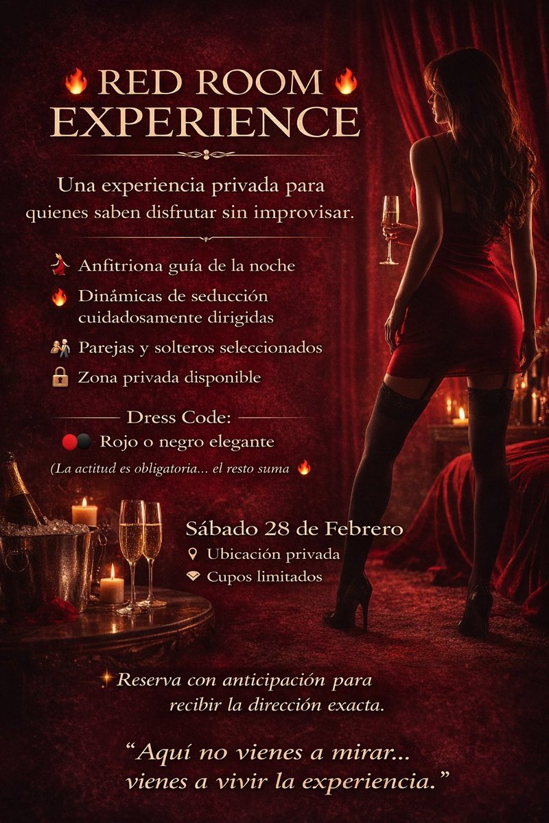 𝐄𝐒𝐓𝐄 28 𝐃𝐄 𝐅𝐄𝐁𝐑𝐄𝐑𝐎 vive algo diferente… ✨

Amour Club presenta 🔥 "Red Room Experience" 🔥

Parejas &amp; solteros(as) – Elegancia y sensualidad
🔒 Cupos limitados – Reserva ya: wa.link/0ctkqr

#Trujillo #EventoPrivado