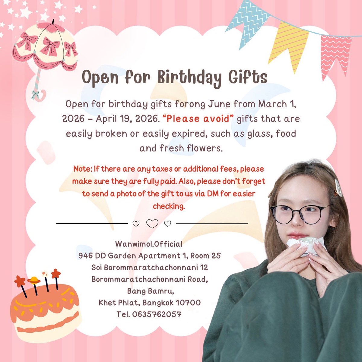 ✨🎂ʙɪʀᴛʜᴅᴀʏ ɢɪꜰᴛ ᴛᴏ ᴊᴜɴᴇ 🎂✨

เปิดรับของขวัญวันเกิดน้องจูน
แฟนคลับท่านใดที่ต้องการส่งของขวัญวันเกิดให้น้องจูน สามารถดูรายละเอียดได้ตามภาพได้เลยนะคะ 🩷

#junewanwimol