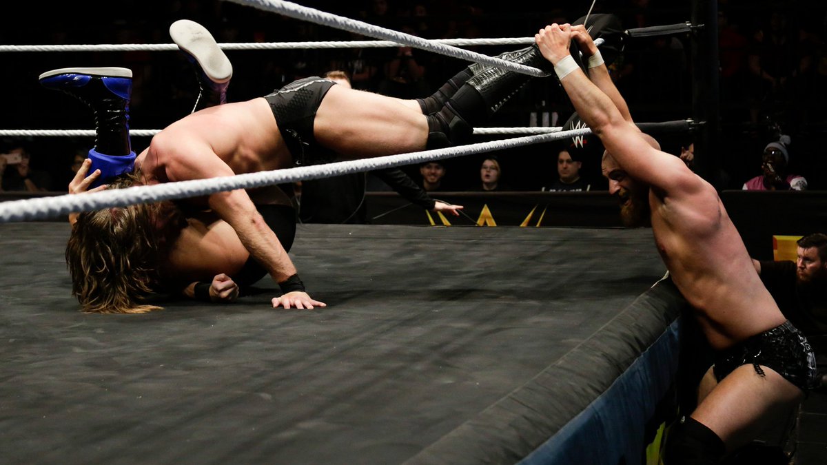 NXTUK_Legacy's tweet image. Feb. 27, 2019:

At Phoenix Convention Center, Grizzled Young Veterans (#JamesDrake &amp;amp; @ZackGibsonGYV) successfully defended the #NXTUK Tag Team Titles against @_starDESTROYER &amp;amp; #DannyBurch in a highly-contentious main event showdown. 

📸 WWE