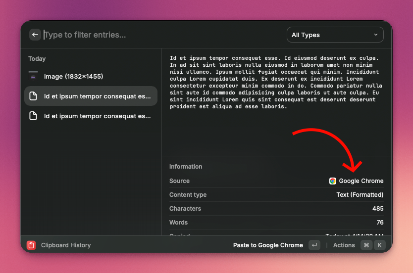 usamasood's tweet photo. Underrated @raycast Clipboard features:

Save clipboard text and images directly as files.
Copy → open a Clipboard entry → ⌘K → Save as File.

Bonus: see which app each item was copied from. Super handy 🔎