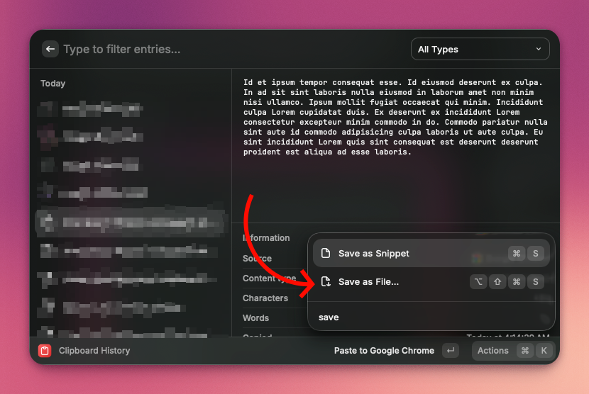 usamasood's tweet photo. Underrated @raycast Clipboard features:

Save clipboard text and images directly as files.
Copy → open a Clipboard entry → ⌘K → Save as File.

Bonus: see which app each item was copied from. Super handy 🔎