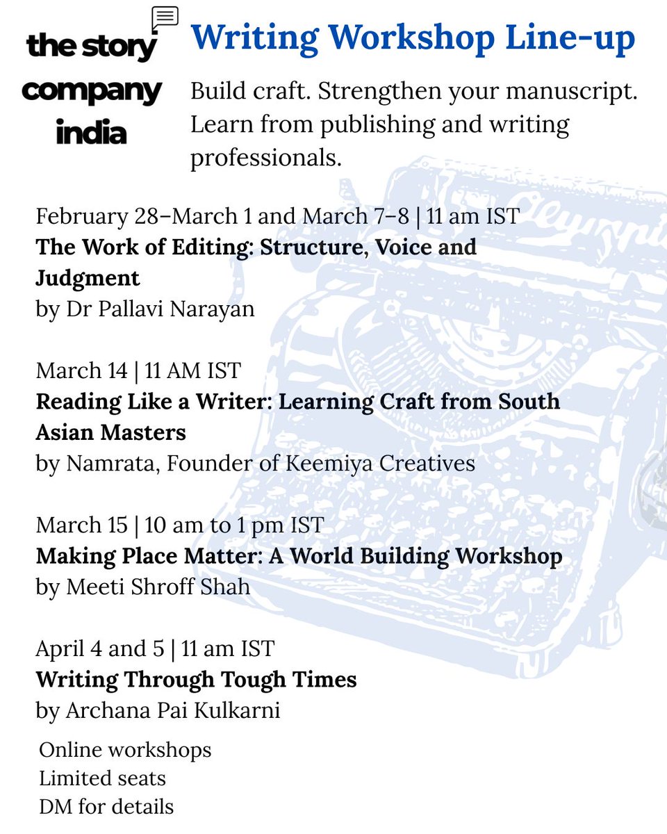 KiranManral's tweet image. Struggling with your writing craft? Unlock pro tips from experts in these upcoming online workshops! From editing to close reading to world-building and writing through tough times. Details below
#WritingCommunity #WritersOfTwitter"