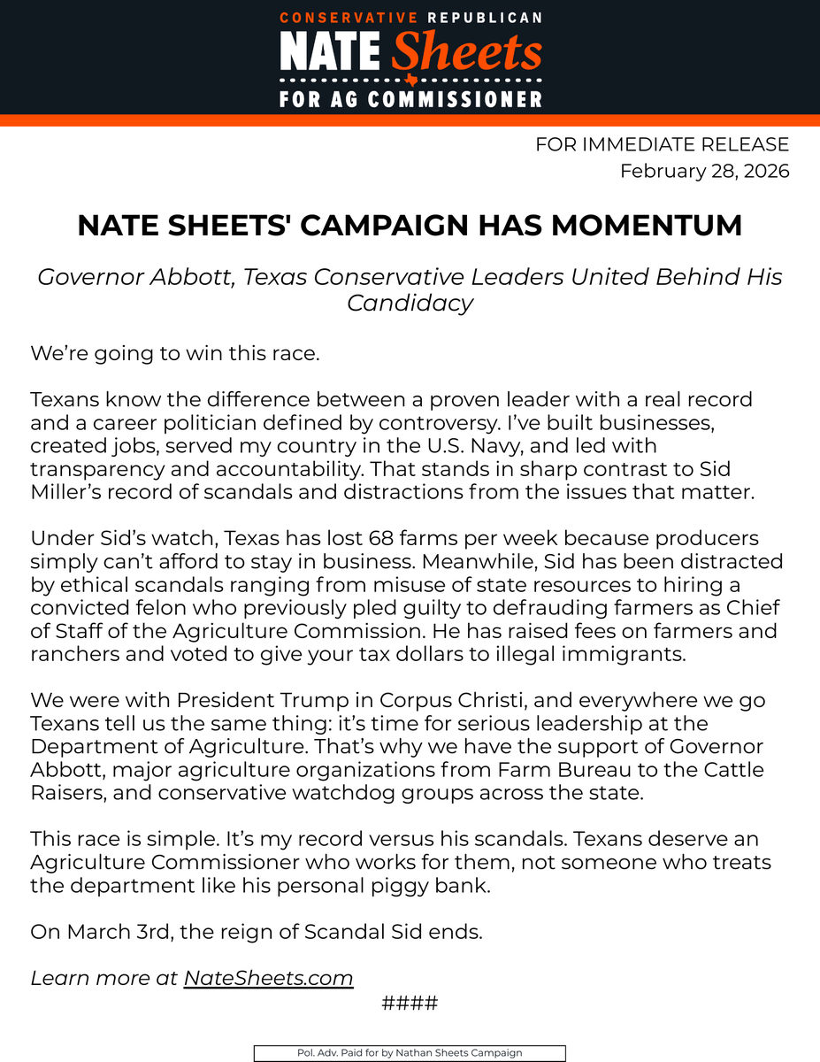 Nate Sheets for Texas Agriculture Commissioner tweet media