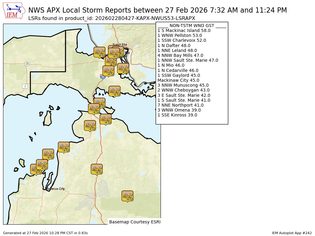 At 9:35 PM EST, 3 WNW Omena [Leelanau Co, MI] Mesonet reports Non-Tstm Wnd Gst of M39 MPH. Mesonet station DVI06053 Northport. #miwx mesonet.agron.iastate.edu/lsr/?by=wfo&wf…