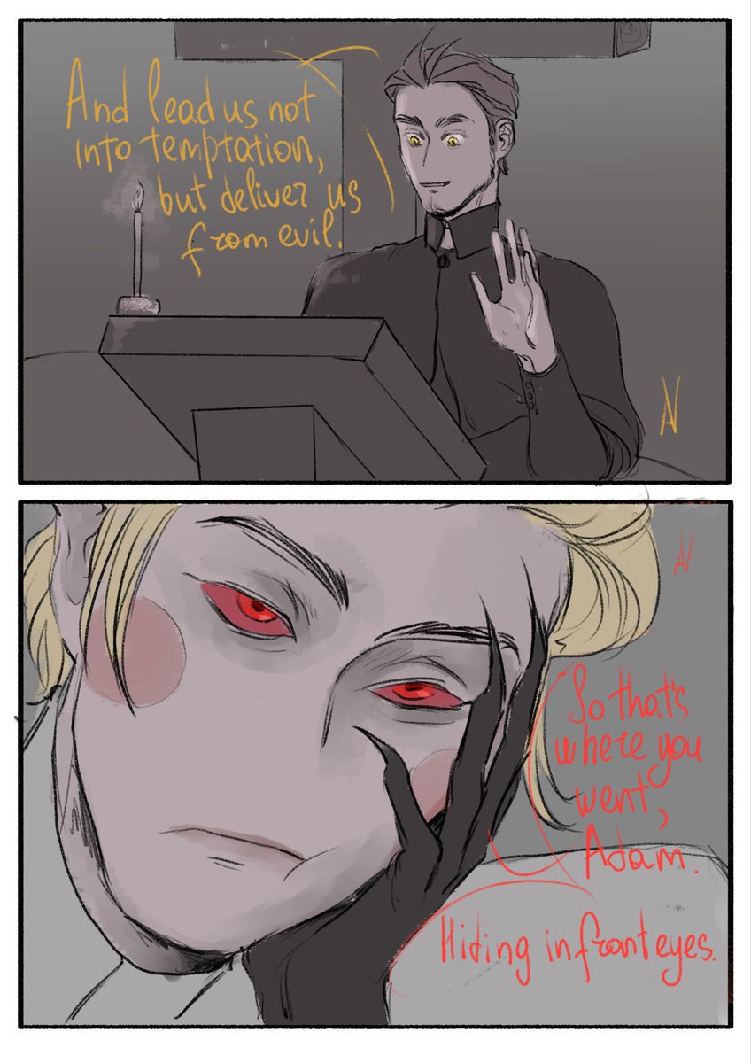 avery_av_raw's tweet photo. #adamsapple church au, where in fact Adam fled from heaven and Lucifer found him a priest

#HazbinHotel https://t.co/YrWwUfebZP