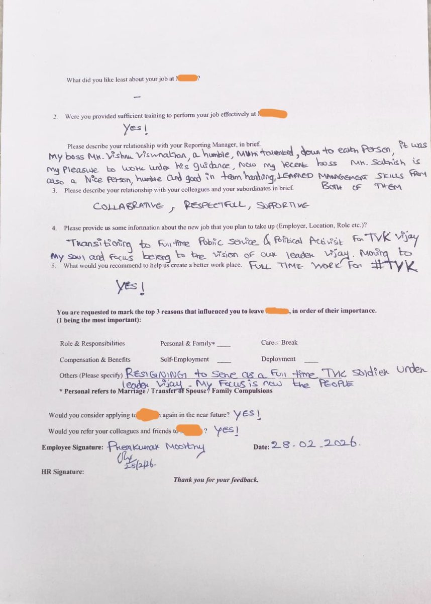 TVK_PremMoorthy's tweet photo. RESIGNATION signed,

Leaving the corporate world to give 100% focus to TVK and our leader Vijay’s vision for Tamil Nadu! 

தலைவர் விஜய் அவர்களின் வெற்றிக்காகவும், தவெக-வின் வளர்ச்சிக்காகவும் இன்று முதல் முழுநேர மக்கள் பண��!✍️

@TVKVijayHQ