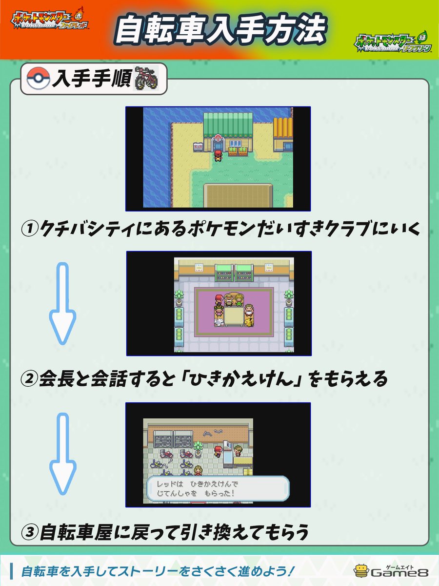 【ファイアレッド・リーフグリーン】自転車入手方法を紹介

《手順》
1️⃣クチバシティにある｢ポケモンだいすきクラブ｣へ行く
2⃣だいすきクラブ会長と会話すると｢ひきかえけん｣が貰える
3️⃣ハナダシティにある｢自転車屋｣でひきかえけんを渡すと｢自転車｣がもらえる

#ポケモンFRLG
