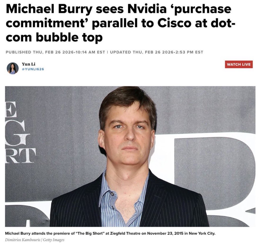 Michael Burry警告說，Nvidia （ $NVDA ）的收益報告讓他想起了Cisco  （ $CSCO ）在網際網路泡沫的高峰期🚨🚨🚨