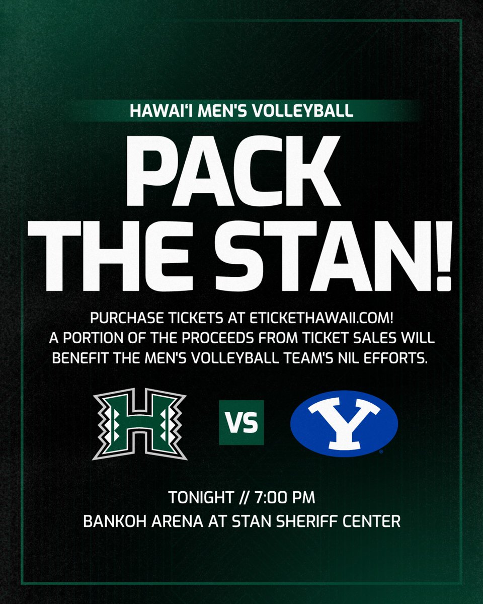 HawaiiMensVB's tweet photo. Support our team's NIL efforts by purchasing tickets to tonight's match 

#PacktheStan x #WarriorBall26 x #GoBows https://t.co/gg4QCbi4Ia