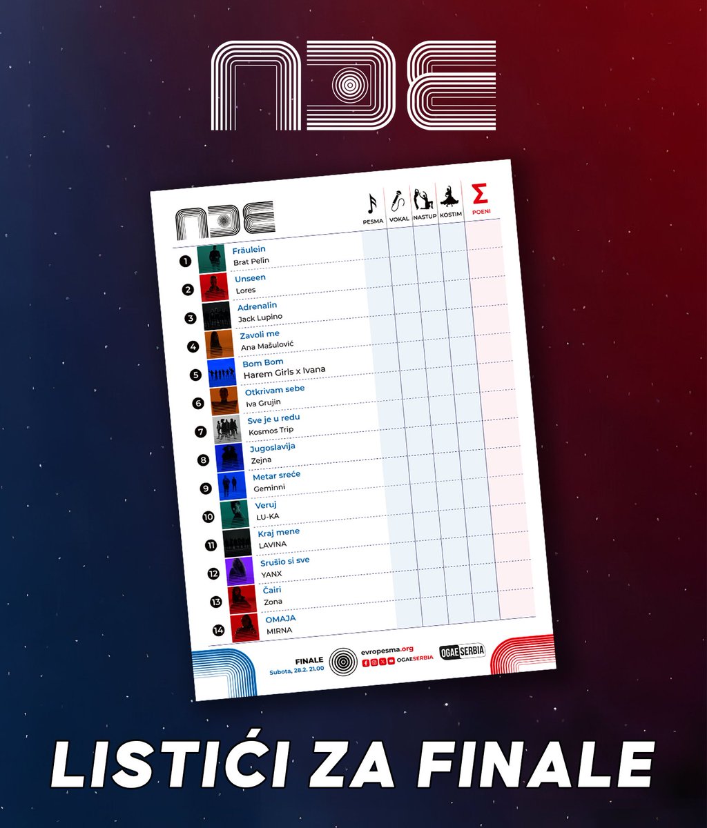 Preuzmite listiće za glasanje tokom prenosa finala Pesme za Evroviziju 2026! #pze #pze26 

evropesma.org/2026/02/pesma-…