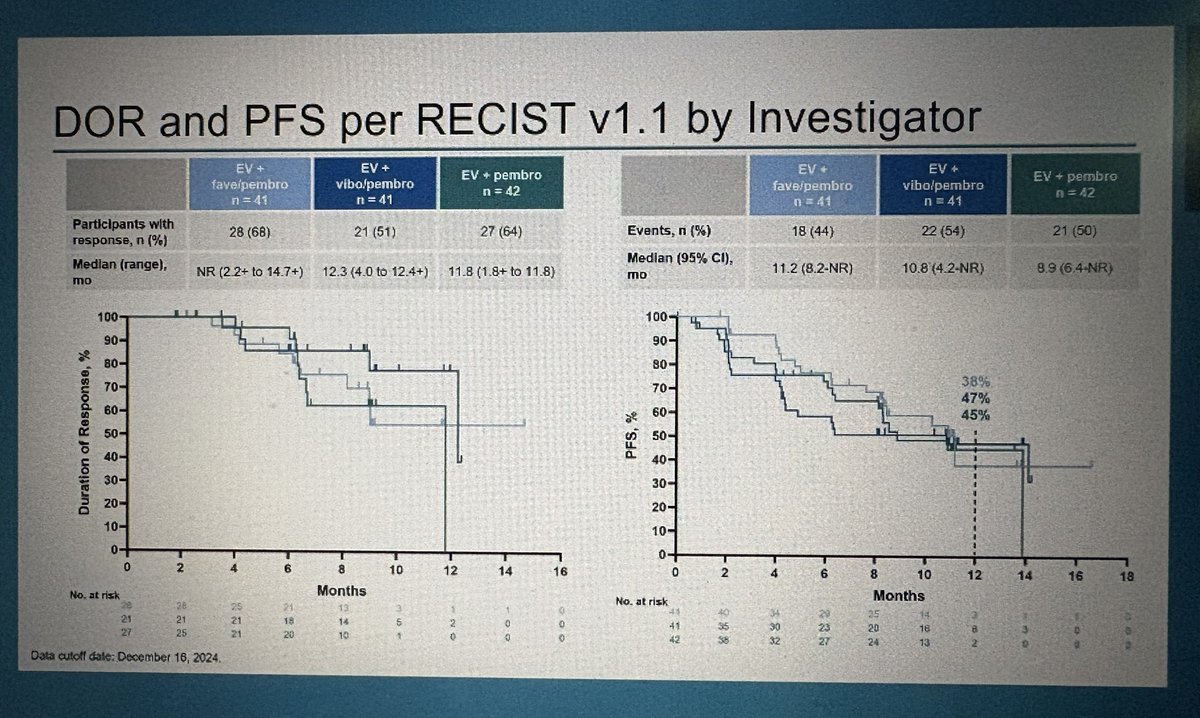 jgong15's tweet image. Dr. Peer KEYMAKER-U04 PhI/II substudy 04B of #1L EV + anti-LAG3 or anti-TIGIT coformulations w/pembro in #mUC ➡️ no clinically significant impact w/addition of LAG3 or TIGIT-targeted IO over EV-pembro alone, ORR 66% vs 59% vs 57%, PFS 11.3 vs 14.1 bs 11 mos

@OncoAlert #GU26