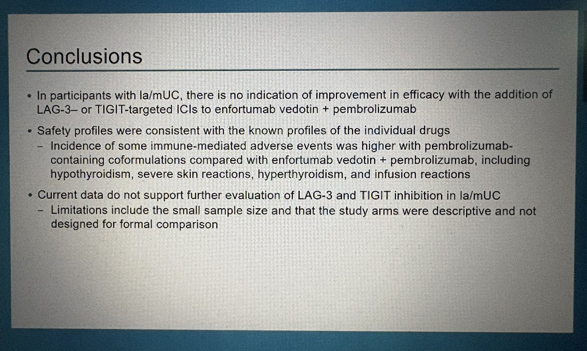 jgong15's tweet image. Dr. Peer KEYMAKER-U04 PhI/II substudy 04B of #1L EV + anti-LAG3 or anti-TIGIT coformulations w/pembro in #mUC ➡️ no clinically significant impact w/addition of LAG3 or TIGIT-targeted IO over EV-pembro alone, ORR 66% vs 59% vs 57%, PFS 11.3 vs 14.1 bs 11 mos

@OncoAlert #GU26