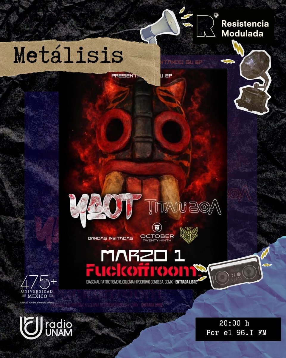 RModulada's tweet photo. ¡Se armó la HORDA METALERA en @RadioUNAM!🎸
Hoy en #Metálisis no nos andamos con rodeos: ¡la cabina estará invadida por #OctoberTwentyNinth! Ven a escuchar sobre su próxima presentación en @FuckOffRoom🎙️💥
🕗 A las 20 H
📻 96.1 FM | https://t.co/jcj6VsyKcO
🗣️ Con #ElPerroMuchacho https://t.co/ajcYcJMqvR