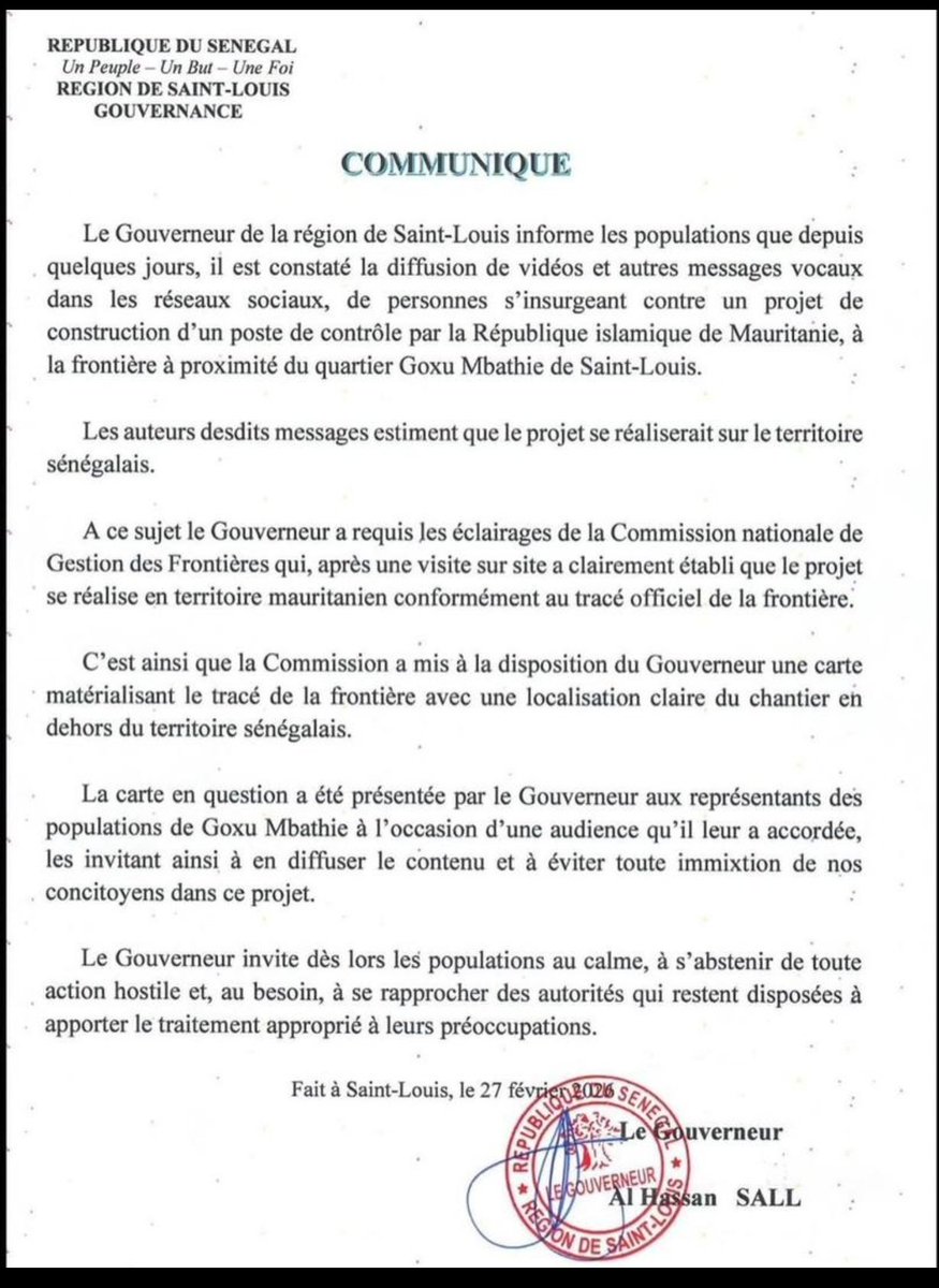 seynabouyacineS's tweet photo. Communique du Gouverneur de la région de Saint-Louis sur le projet de construction d'un poste de contrôle par la République islamique de Mauritanie, à proximité du quartier Goxu Mbathie de Saint-Louis @LayeSeckSeckFCB
@weuz13
#honorable #Seynabou #yacine #sambe https://t.co/vzKvLZfAV4