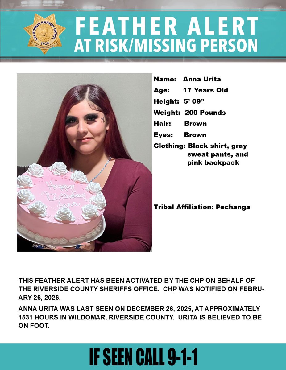 FEATHER ALERT - Riverside County
Last seen: Sexton Street and Union Street, Wildomar
<a href="/RSO/">Riverside County Sheriff</a>

IF SEEN, CALL 9-1-1