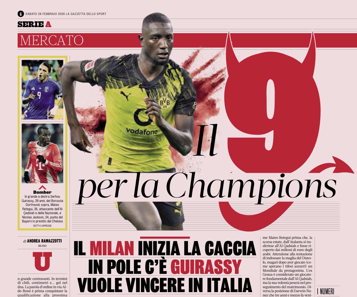 ガゼッタ、今日はミランのニュースがないらしく来季の9番候補で紙面を