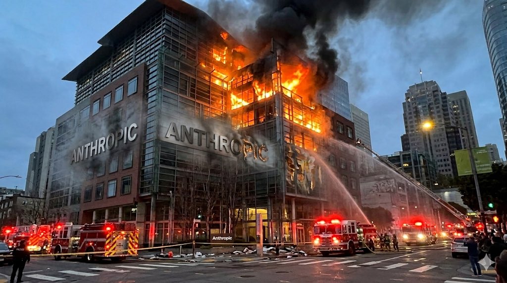 Following a 51-day standoff, the Anthropic HQ is on fire. The cause of the blaze is disputed: Anthropic ethicists accuse SOCOM of detonating incendiary devices, while SOCOM claims Anthropic staff intentionally started the fire to protest the recent DoW decision