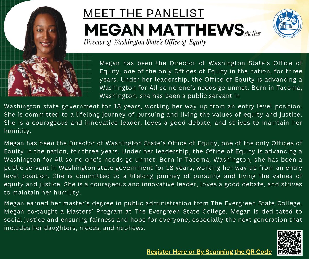 ICSEW's tweet photo. ICSEW Upcoming Lunch &amp; Learn: Meet the Panelist - Megan Matthews (She/Her) - Director of Washington State’s Office of Equity.  To Register:
https://t.co/jBCRTjh296... https://t.co/ENfEpjYpQM