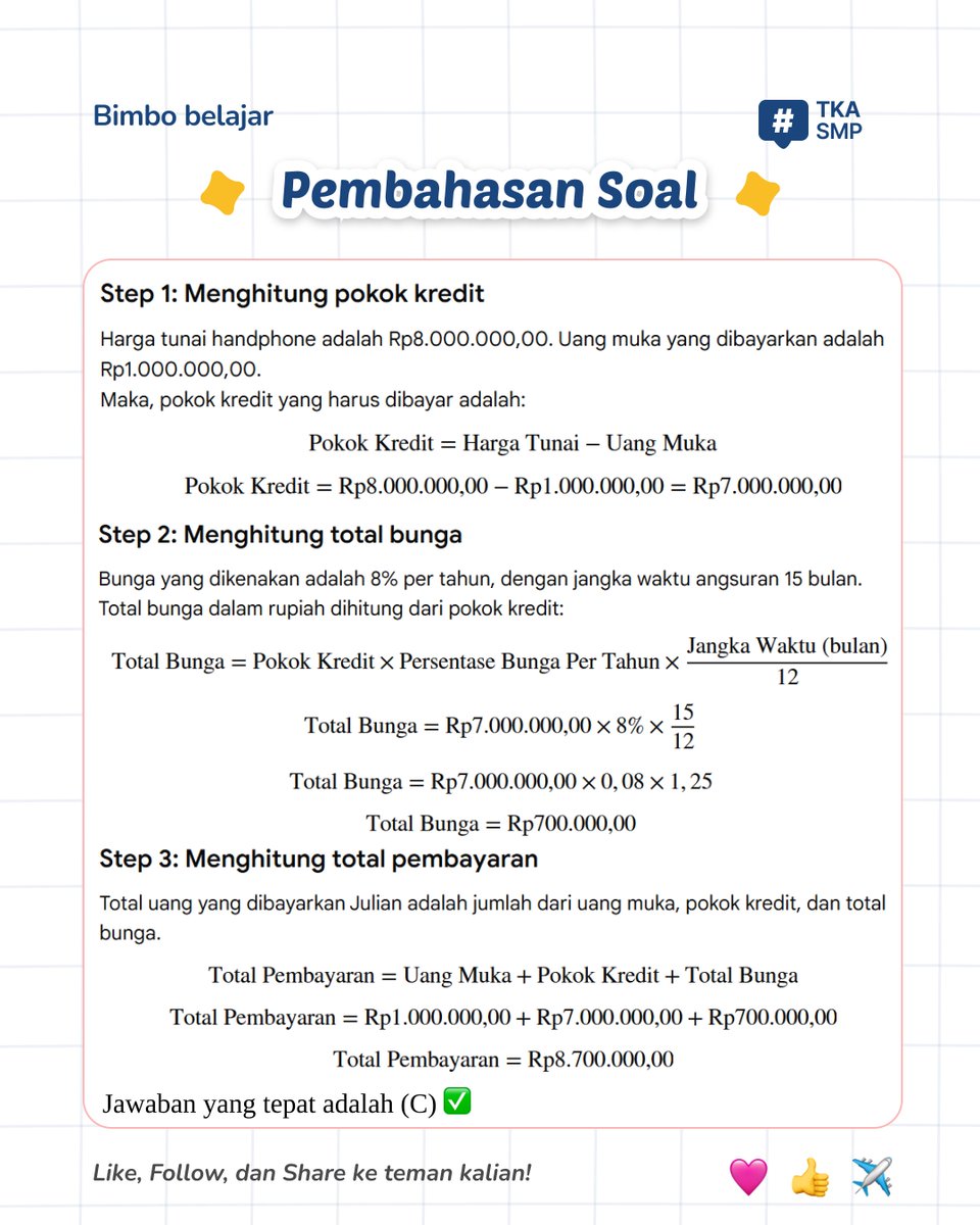 Bimbo_belajar's tweet photo. [TKA MATEMATKA SMP 2026]🤠

Kamu dah siap menghadapi TKA? biar makin pede, yuk simak latihan soal mata pelajaran matematika ini✨

Tertarik gabung kelas persiapan TKA SMP?      
hubungi: 0895606158031 (Kak Mu'iz)
 #tka #tkasmp #matematika #mtk #bimbel #lesonline #studytwt https://t.co/6qB3FIE9wY