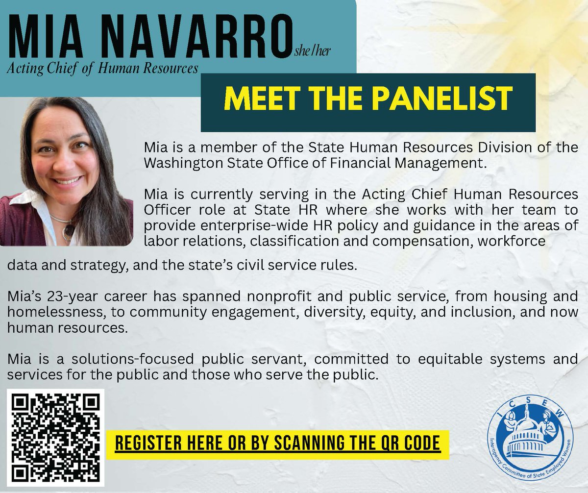 ICSEW's tweet photo. ICSEW Lunch &amp; Learn - Meet the Panelist - Mia Navarro, Acting Chief of Human Resources - Office of Financial
To Register: https://t.co/jBCRTjh296... https://t.co/UBaf3mxlFS