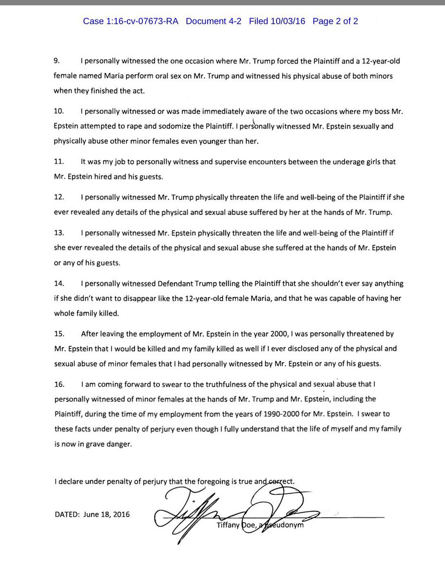 Just so we’re clear? He didn’t only rape one. There are at least 3 separate accounts for rape and sexual assault, violence and threats. Read the SWORN TESTIMONY UNDER PENALTY OF PERJURY. Signed Tiffany Doe IN AGREEMENT WITH THE JUDGE WHO IDENTIFIED THE VICTIM, TO PROTECT HER.