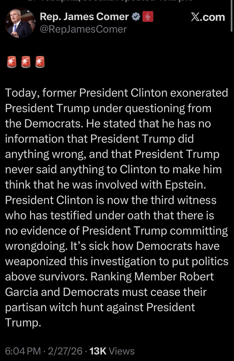 intheMatrixxx's tweet photo. 🚨 House Oversight: Bill Clinton is the THIRD witness under oath to clear President Trump—no evidence of wrongdoing or Epstein involvement. 

The first two? Ex-AG Barr & ex-US Attorney Acosta already said the same. Dems' desperate witch hunt crumbling! 

#EpsteinProbe #TrumpCleared