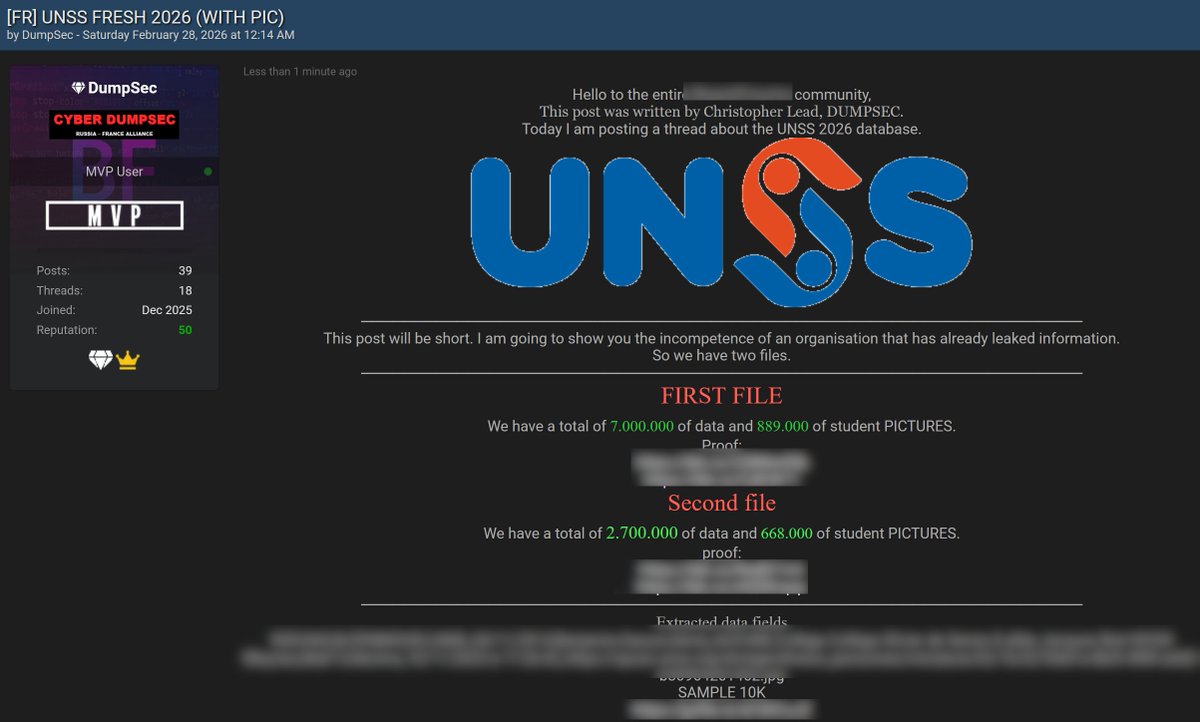 🚨🔴🇫🇷 ÉLÈVES EXPOSÉS : 1 557 000 PHOTOS DE MINEURS en circulation après le piratage de l’UNSS.

Je suis sous le choc… On pensait avoir atteint le fond. Manifestement non.

On parle ici de 65 GO d’informations sur des enfants, et le groupe de hackers DumpSec met cette base de