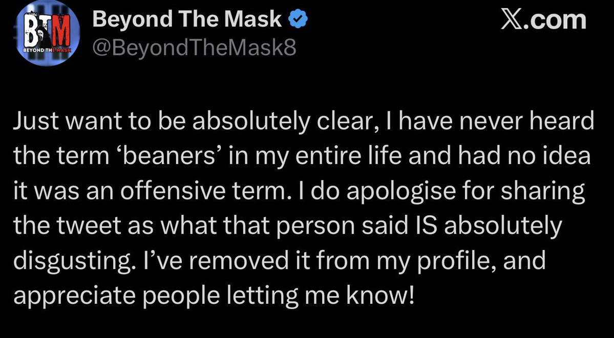 you slipped <a href="/BeyondTheMask8/">Beyond The Mask</a> even outside the fact you “never heard” of that slur im sure you’re smart enough to deduce for yourself that you were retweeting something extremely offensive but i’m sure you knew that and thought you were on your private account.