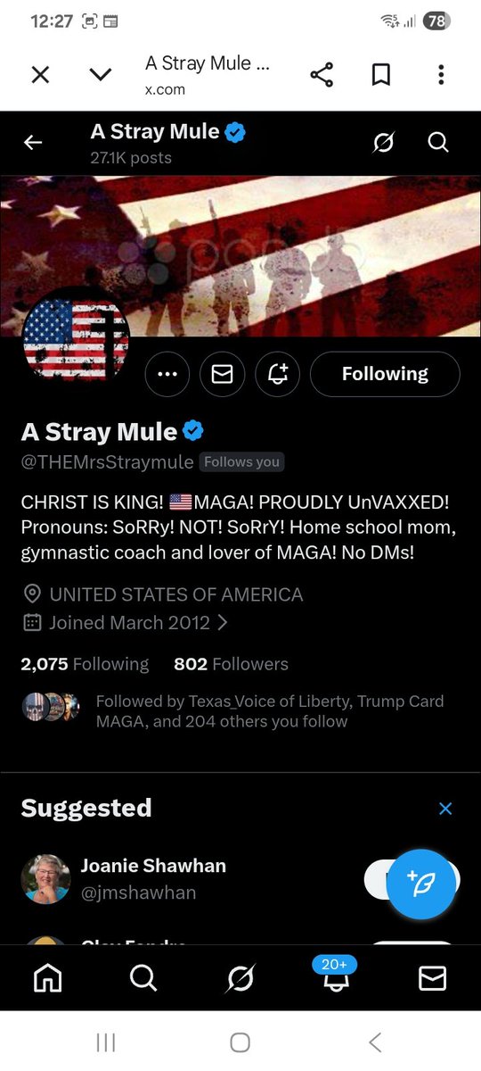 Let's help this patriot find some new connections 
<a href="/THEMrsStraymule/">A Stray Mule</a> 
F&amp;R
🇺🇸