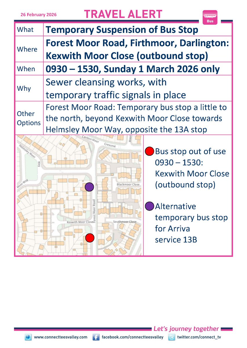 FOREST MOOR ROAD, FIRTHMOOR, DARLINGTON: Kexwith Moor Close (outbound) bus stop closed 0930-1530 Sun 1 Mar. For Arriva 13B use temporary stop a little north beyond Kexwith Moor Close near Helmsley Moor Way, opposite 13A stop. connectteesvalley.com/data/travelale… <a href="/darlingtonbc/">Darlington Borough Council</a> <a href="/arrivanortheast/">Arriva North East</a>