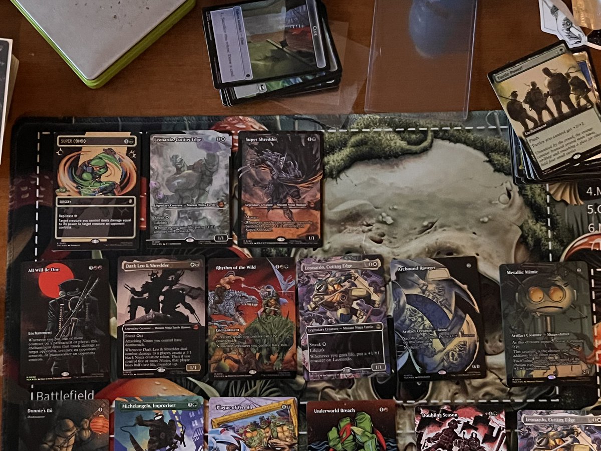 UndauntedLion's tweet photo. Had an absolute unit of a box. Probably about four or five cards would pay for the box if I decided to sell them. Kid rips are on a whole other level. I never pull anything good so looks like my boy will be ripping my packs from now on. Definitely open to some trades. #MTGxTMNT https://t.co/vuo3SGpNht