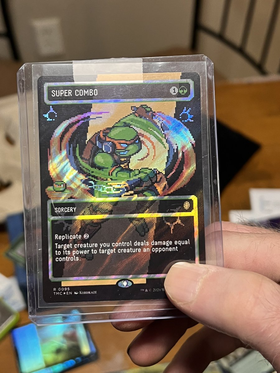 UndauntedLion's tweet photo. Had an absolute unit of a box. Probably about four or five cards would pay for the box if I decided to sell them. Kid rips are on a whole other level. I never pull anything good so looks like my boy will be ripping my packs from now on. Definitely open to some trades. #MTGxTMNT https://t.co/vuo3SGpNht