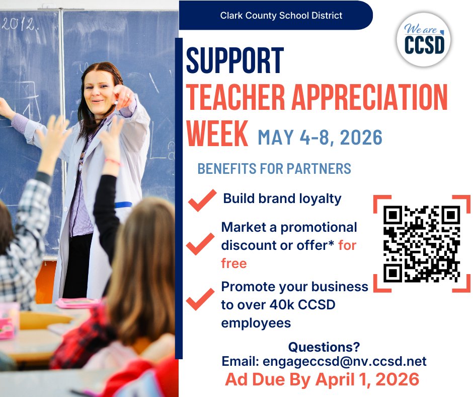Help us celebrate our educators for Teacher Appreciation Week! Celebrated May 4-8, 2026, CCSD is looking for businesses that want to join the District in showing appreciation for our educators. 

See the flyer below for more information and sign up here: forms.gle/eHVRKXT8q2zvLi…