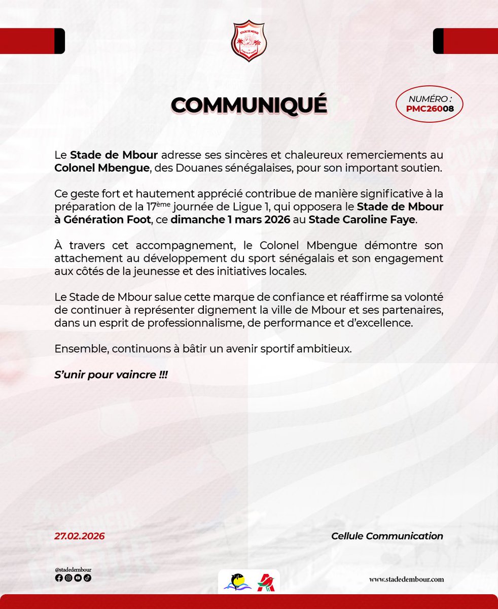 stadembour's tweet photo. 📢 𝐂𝐎𝐌𝐌𝐔𝐍𝐈𝐐𝐔𝐄́ 𝐎𝐅𝐅𝐈𝐂𝐈𝐄𝐋
Le Stade de Mbour adresse ses sincères et chaleureux remerciements au Colonel Mbengue, des Douanes sénégalaises, pour son pr��cieux soutien.
𝐒’𝐮𝐧𝐢𝐫 𝐩𝐨𝐮𝐫 𝐯𝐚𝐢𝐧𝐜𝐫𝐞 !!!
#StadeDeMbour #Remerciements #Ligue1Senegal #FootballSn https://t.co/R1jLlhPcRy