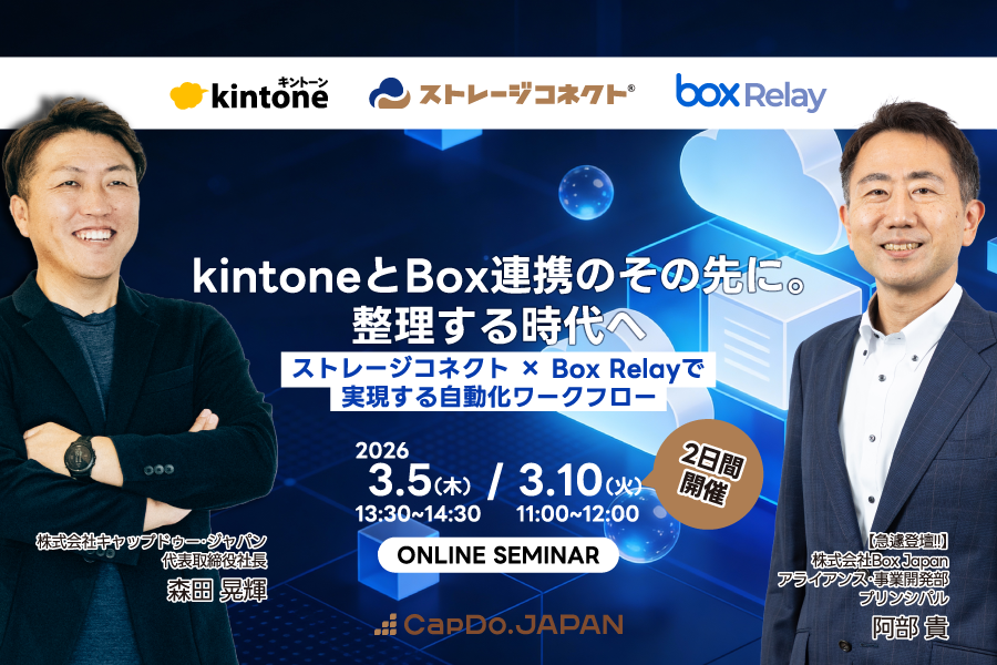Capdo Japan 【セミナー情報】 Box Japan特別登壇!! kintoneとBox連携のその先に。 ~ストレージコネクト × Box Relayで実現 ...