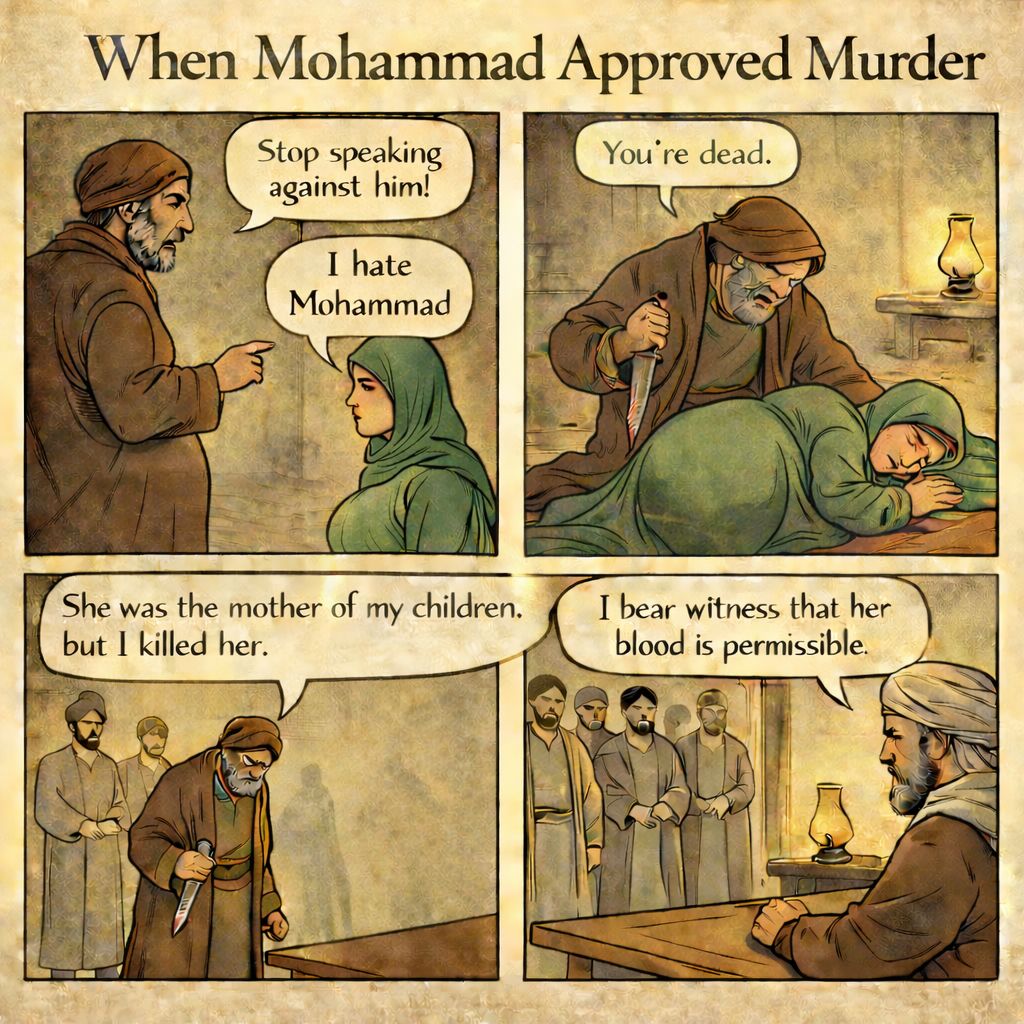 If there was one thing to know about Mohammad, it's that he did not take any sort of criticism well, even when it came from a pregnant woman. There's a hadith where a blind man killed his pregnant wife because she talked badly about Mohammad.