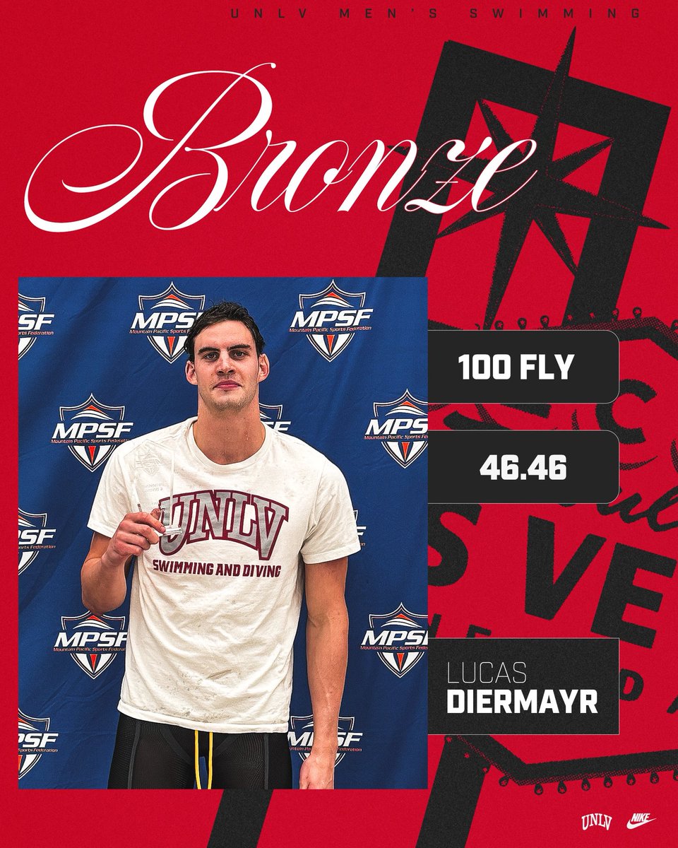 UNLV_Swim_Dive's tweet photo. That’s a bronze medal 🥉 for Lucas Diermayr in the 100 fly with the fourth-fastest time in program history (46.46)‼️
#JustGoOff https://t.co/R5DF6Ji1aj