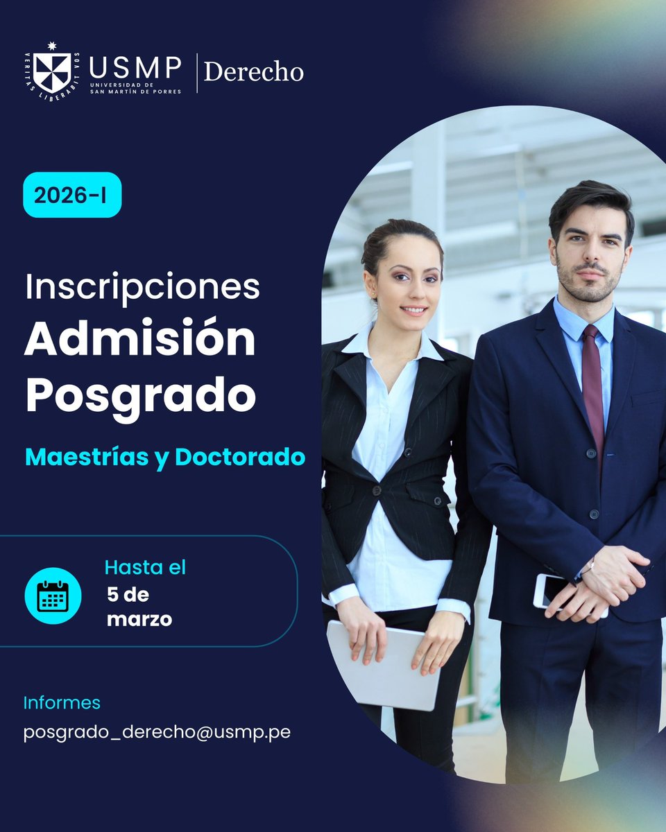PosgradoUSMP's tweet photo. Atendiendo el alto interés por nuestras Maestrías y el Doctorado en Derecho, hemos ampliado el cronograma del proceso de Admisión 2026-1 hasta este jueves 5 de marzo.

📘 Brochure:
https://t.co/1AMZNWDUtY

📝 Inscripciones:
https://t.co/JCQyYPffJn https://t.co/1dtZOSWh2T