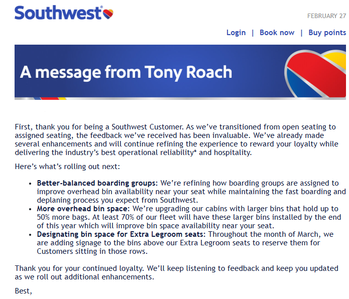 SLH_93's tweet photo. #Southwest, what is this?!?  This email has undertones of extra charges coming down the pipe to reserve overhead bin space!!! https://t.co/z1DMOTjgjv