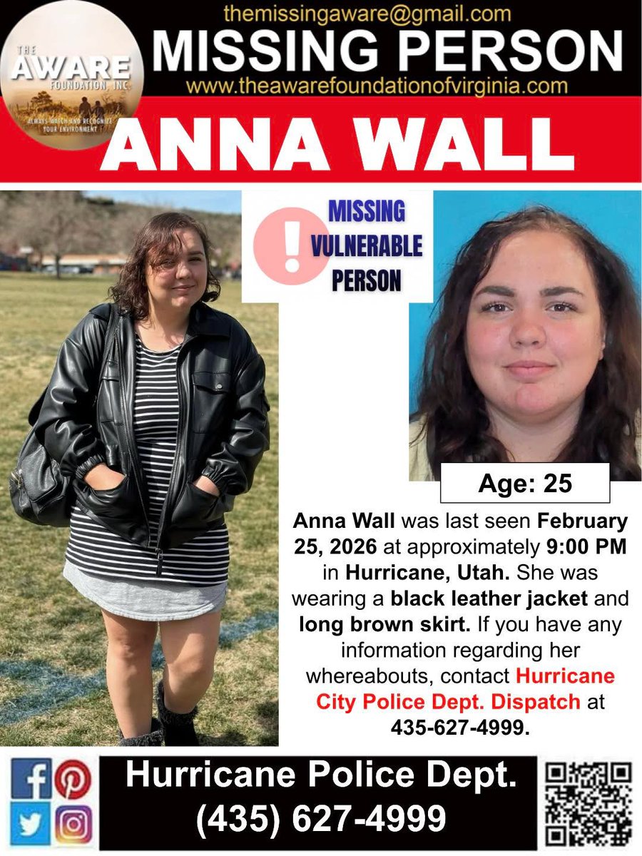 🚨MISSING ⚠️VULNERABLE ADULT🚨
📍HURRICANE, UTAH

Anna Wall was last seen February 25, 2026 at approximately 9:00 PM in Hurricane, Utah. She was wearing a black leather jacket and long brown skirt. If you have any information regarding her whereabouts, contact Hurricane City