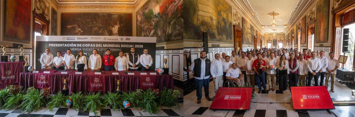 STEinforma's tweet image. #Presentan en #Yucatán las seis Copas del Mundial Social 2026 wp.me/p6Zyu6-1G1q
•El #Gobernador @huachodiazmena presentó las seis copas que se llevarán a cabo en la entidad como parte del Mundial Social 2026, iniciativa que impulsa la Presidenta de México, @Claudiashein ..