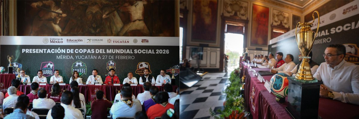 STEinforma's tweet image. #Presentan en #Yucatán las seis Copas del Mundial Social 2026 wp.me/p6Zyu6-1G1q
•El #Gobernador @huachodiazmena presentó las seis copas que se llevarán a cabo en la entidad como parte del Mundial Social 2026, iniciativa que impulsa la Presidenta de México, @Claudiashein ..