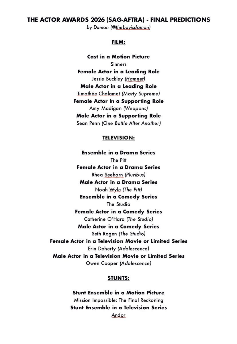 theboyisdamon's tweet image. my final predictions for #SAG #TheActor Awards 2026