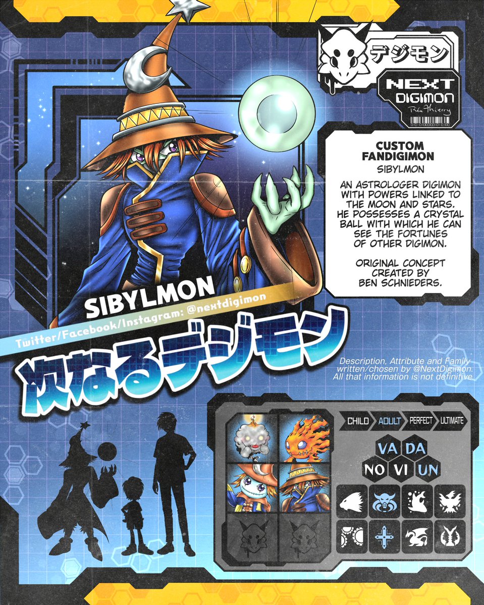 SIBYLMON An Astrologer Digimon with powers linked to the moon and stars.

He possesses a crystal ball with which he can see the fortunes of other Digimon.
Original concept created by Ben Schnieders.

#Nextdigimon #Digimon #DigimonAdventure #FanDigimon